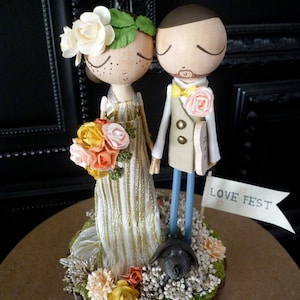 Wedding Cake Topper | Custom Wedding Dress on Wood Slice | Rustic/Boho Wedding - Peg Doll Wedding Cake Topper