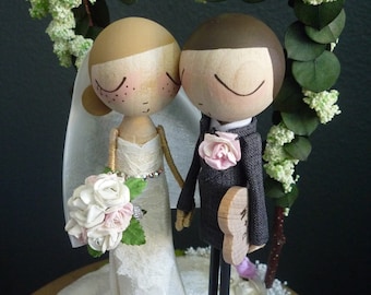 Wedding Cake Topper with Custom Wedding Dress and Floral Archway Background, Custom Peg Dolls Wedding