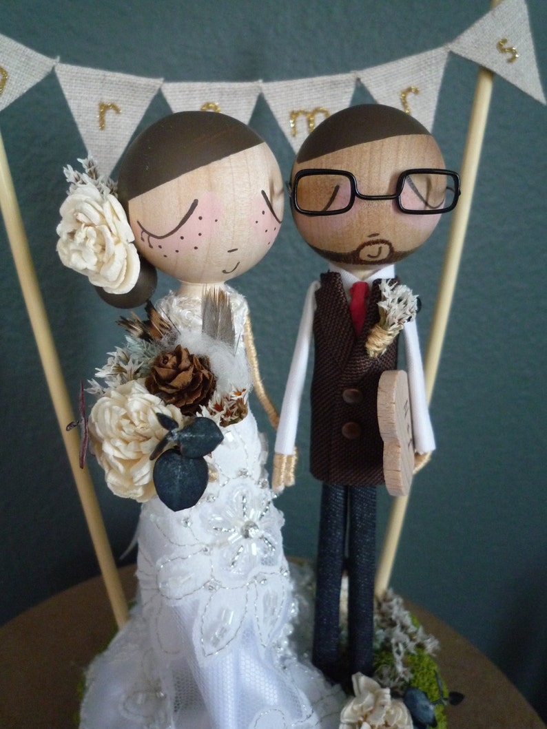 Wedding Cake Topper with Custom Wedding Dress and Flag Bunting Background by MilkTea Rustic/Boho Wedding Peg Doll Cake Topper image 3