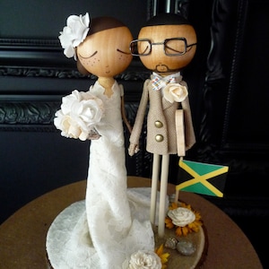 Wedding Cake Topper with Custom Wedding Dress & Beach Theme Keepsake with Custom Peg Dolls-MilkTea image 1