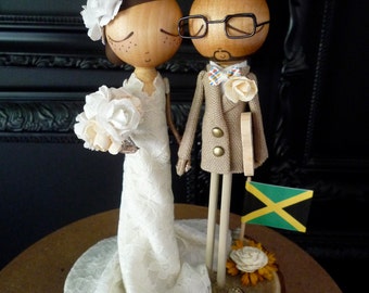 Wedding Cake Topper with Custom Wedding Dress & Beach Theme Keepsake with Custom Peg Dolls-MilkTea