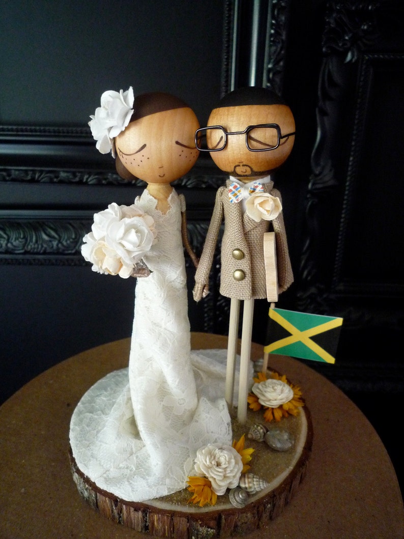Wedding Cake Topper with Custom Wedding Dress & Beach Theme Keepsake with Custom Peg Dolls-MilkTea image 1