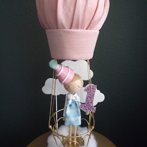 Custom Peg Doll Birthday Cake Topper with Hot Air Balloon, Custom Keepsake image 1