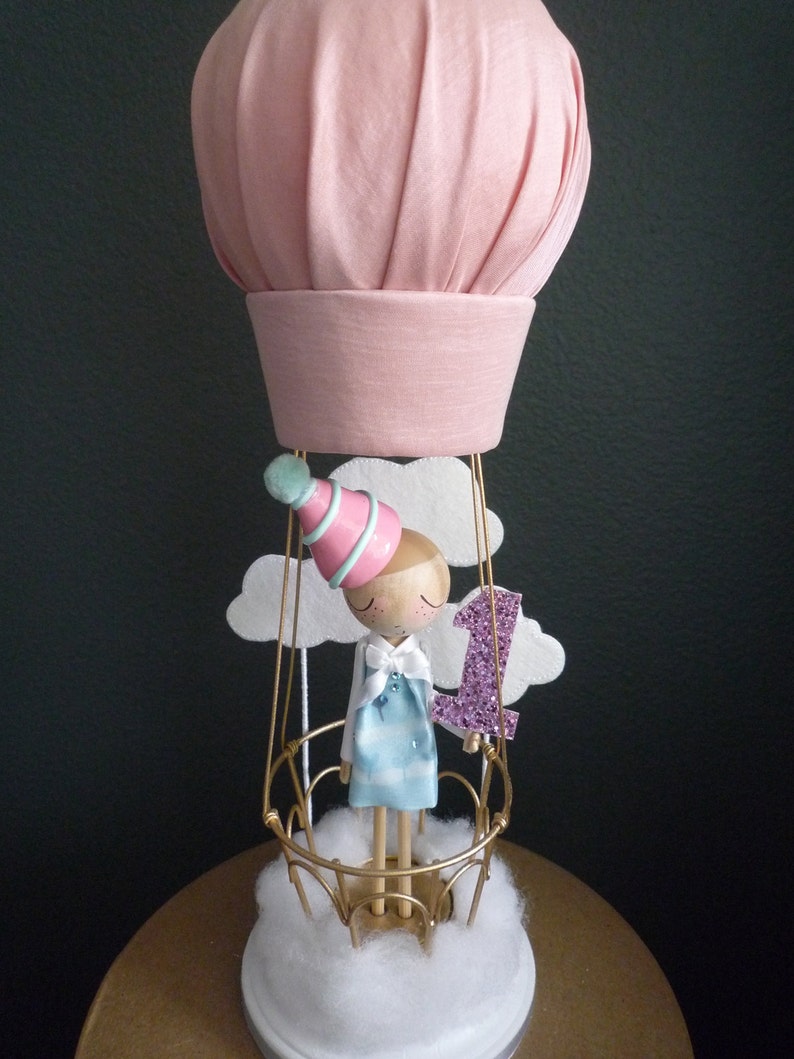 Custom Peg Doll Birthday Cake Topper with Hot Air Balloon, Custom Keepsake image 1