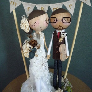 Wedding Cake Topper with Custom Wedding Dress and Flag Bunting Background by MilkTea Rustic/Boho Wedding Peg Doll Cake Topper image 2