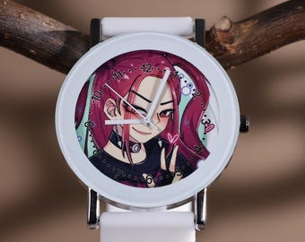 Gepersonaliseerde anime-meisjeshorloge met witte band | Leuk roze polshorloge met karakterwijzerplaat | Aangepast gegraveerd cadeau voor meisjes, tieners en animefans