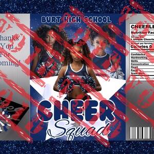 Puede incluir: Diseño gráfico con tres animadoras en uniformes azules y blancos, con el texto "BURT HIGH SCHOOL" y "CHEER SQUAD". El diseño incluye una etiqueta de información nutricional y un código de barras.