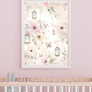Arte murale in stile cinese pastello / Decorazione per la cameretta dei bambini / Stampa floreale ad acquerello con farfalle / Arte digitale