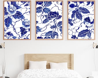 Juego de arte de pared de 3 piezas con motivos chinos azules / Arte botánico con acuarela / Decoración de pared / Arte digital
