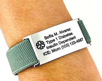 Medical Alert Bracelet, Custom Engraved ICE ID, Adjustable Wristband