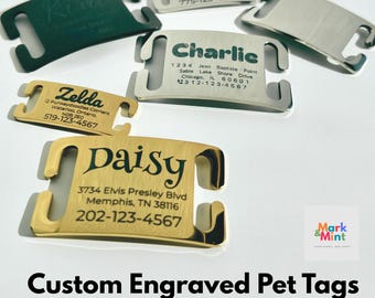 Custom Slide-On Pet ID Tag for Dogs & Cats | Silent No-Jingle Engraved Collar Plate | Personalized Stainless Steel or Brass Name Tag