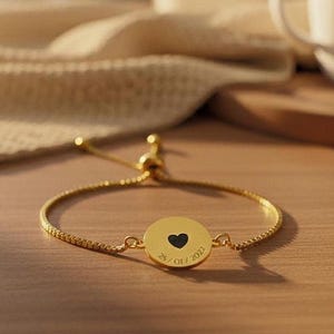 Personalized Engraved Bracelet • Stainless Steel Disc Charm • Custom Message Jewelry • Adjustable Band