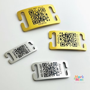 QR-code huisdier-ID-tag • Stille opschuifbare kraagplaat • Op maat gegraveerd • Roestvrij staal of gouden afwerking • Geen rinkelend naamplaatje voor hond en kat