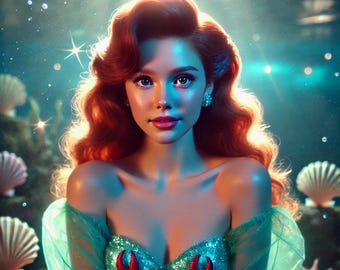 Printable Disney Mermaid Ariel, Princess Smiling Under Sea, Fairytale Art Print, Ocean, Princess Underwater Wall Art Digital Download Poster