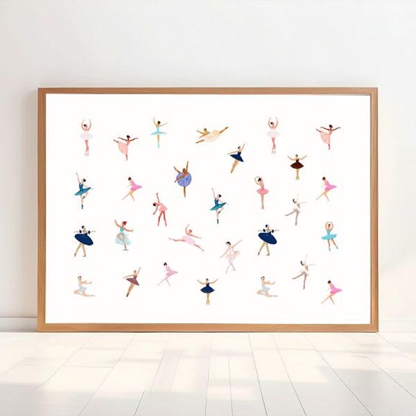 Tiny Ballerinas Print : Minimalist Ballet Dancers Art Print, Horizontal Girly Room Decor (Digital Download)