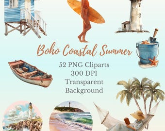 Boho Summer Clipart Bundle: Beach Girls & Nautical PNGs (Digital Download)
