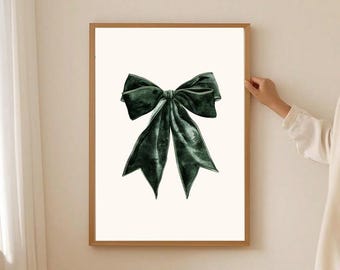 Green Velvet Bow Watercolor Print: Coquette Preppy Wall Art (Digital Download)