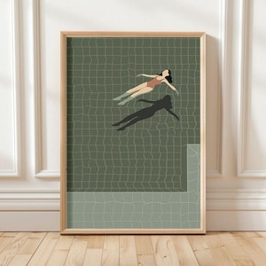 Floating Girl Pool Print: Tiny People Poster Sage Green Minimalist Shadow Art (Digital Download