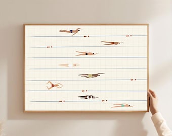 Minimalist Swimmers Pool Art Print, Miniature Sports Poster, Tiny People Wall Art, Digital Download