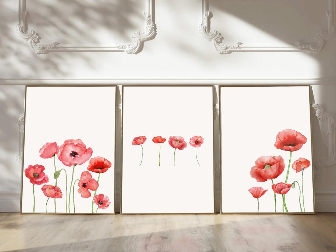 Red Poppy Print Set: Botanical Watercolor Gallery Wall Art (digital ...