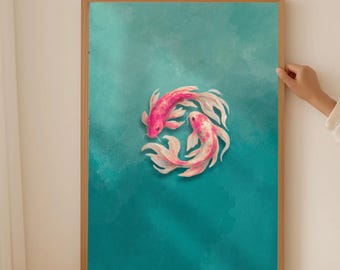 Koi Fish Watercolor Poster: Japandi Print House Decor, Blue Wall Art (Digital Download)