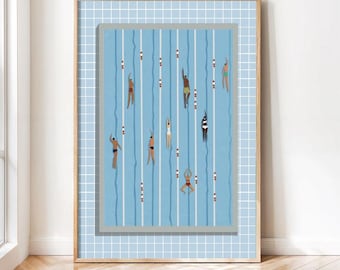 Minimalist Pool Swimmers Print: Small People Blue, Miniature Sports, Summer Wall Art (Digital Download)