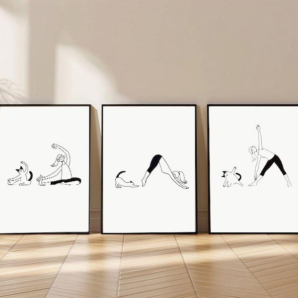 Conjunto de pôsteres de arte linear com tema de gata praticando ioga: Mulher minimalista, pôster moderno neutro (download digital)