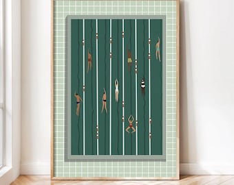 May include: A framed art print featuring an illustration of a swimming pool with swimmers. The pool is a deep green color with white lane lines and swimmers in various swimsuits. The frame is a light wood color.