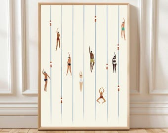 Swimming Pool Art Print, Minimalist Swimmers Poster, Small People Wall Art, Digital Download