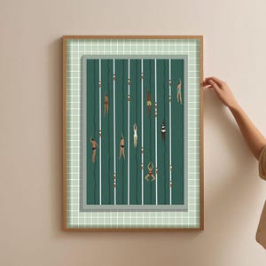 Sage Green Swimming Pool Print: Tiny People Poster Minimalist Summer Wall Art (Digital Download