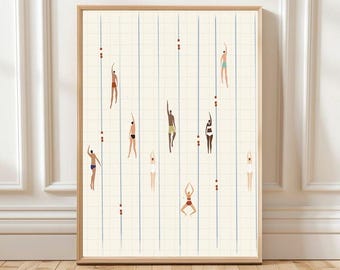 People Swimming in Pool Printable Wall Art, Minimalist Tiny Swimmers Poster, Summer Poster, Digital Download