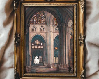 Spooky Ghost Cathedral Painting: Vintage Halloween Wall Art (Digital Download)
