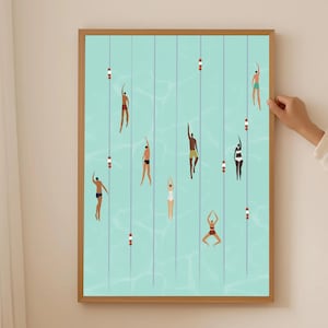 Turquoise Swimmers Art Print: Minimalist Pool Scene, Small People in the Pool (Digital Download)