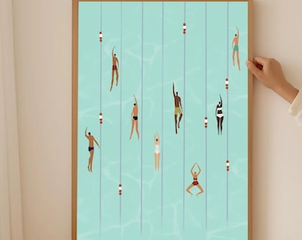 Türkisfarbene Schwimmer Kunstdruck: Minimalistisches Pool-Motiv, kleine Menschen im Pool (Digitaler Download)