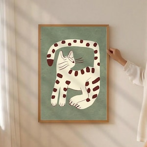 Matcha Green Hand-drawn Cat – Minimalist Cat Wall Art – Sage Green Cat Poster – Retro Cat Wall Art- Abstract Green Poster – Digital Download