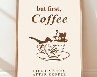 Impresión de póster de café retro: arte mural de café vintage, ilustración minimalista de café, descarga digital