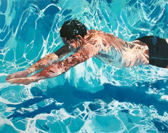 May include: An oil painting showing a person swimming in a pool. The swimmer is seen from above, with arms extended forward. The water is a vibrant blue with white highlights, creating a sense of movement and light reflection. The swimmer wears black swim shorts.