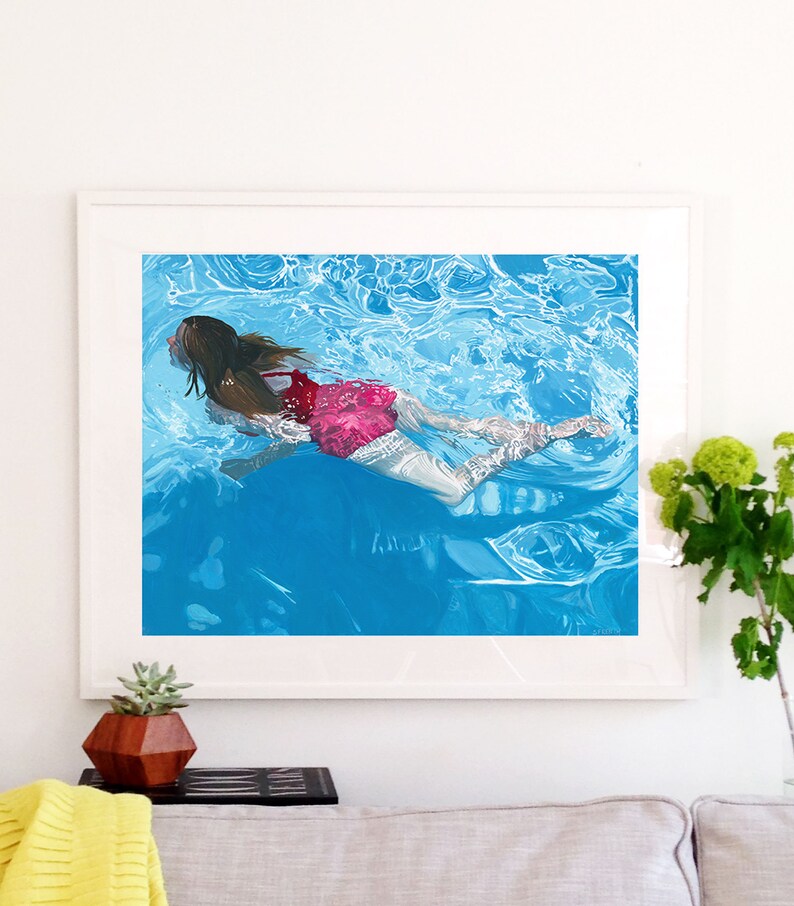 May include: A painting of a person swimming underwater in a pool. The person is wearing a pink swimsuit and has long brown hair. The water is blue and clear, and there are bubbles around the person.