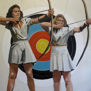 May include: Two women in white dresses are holding bows and arrows, aiming at a target with red, yellow, blue, and black rings. The target is on a white background.