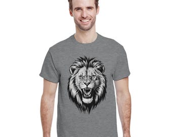 May include: A heather grey t-shirt with a black and white illustration of a lion's face.