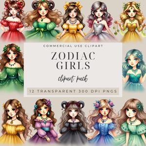 Zodiac Girl clipartpakket, aquarel, digitale download