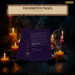 Könnte beinhalten: Ein digitales Seitenbündel mit dem Text "ENCHANTED PAGES COMPLETE BUNDLE" und "20 PAGES" auf dunklem Hintergrund. Die Seiten sind lila mit goldenen Rändern und von brennenden Kerzen umgeben. Die Worte "INSTANT DIGITAL DOWNLOAD" stehen unten.
