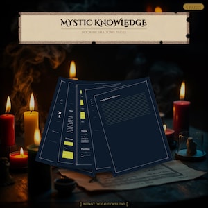 May include: A dark blue book of shadows with the text "Mystic Knowledge" and "Book of Shadows Pages" in a vintage style. The image includes lit candles and a mystical atmosphere, with the words "5 pages" visible.