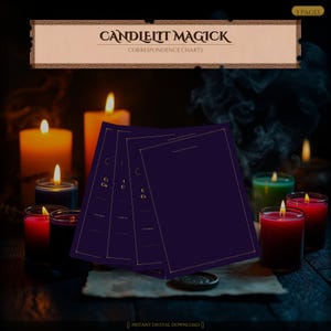 May include: A digital download titled "Candlelit Magick Correspondence Charts" with a dark purple background and gold accents. The image features lit candles in red, yellow, and green, with smoke rising in the background. The text "3 pages" is in the upper right corner.