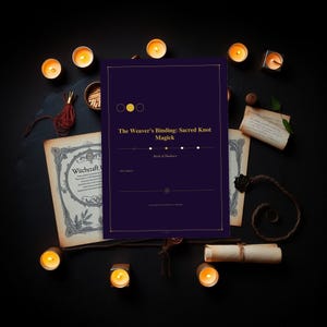 Op de afbeelding: Een donkerpaars boek getiteld "The Weaver's Binding: Sacred Knot Magick" met gouden accenten, omringd door brandende kaarsen, verouderd papier en een rol. De boekcover heeft een minimalistisch ontwerp met drie gouden cirkels.