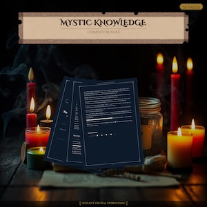 May include: A dark, moody image featuring a bundle of digital pages titled "Mystic Knowledge." The pages are stacked on a wooden surface, surrounded by lit candles of various colors and a jar. The text "Instant Digital Download" is at the bottom.