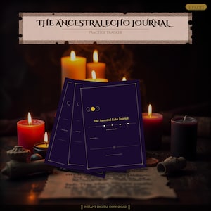 Könnte beinhalten: Mehrere dunkelblaue Journale mit goldenen Akzenten, betitelt "The Ancestral Echo Journal" und "Practice Tracker." Das Bild ist vor einem Hintergrund aus brennenden Kerzen platziert, was eine warme Atmosphäre schafft. Der Satz "Instant Digital Download" steht unten.