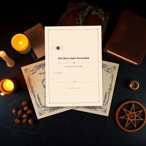 以下が含まれることがあります： クリーム色の背景に「The Silver Spire Invocation」というタイトルの儀式ガイドの俯瞰図。画像には、火の灯ったろうそく、本、装飾的な要素が含まれており、神秘的でスピリチュアルな美学を作り出しています。ガイドは完全です。