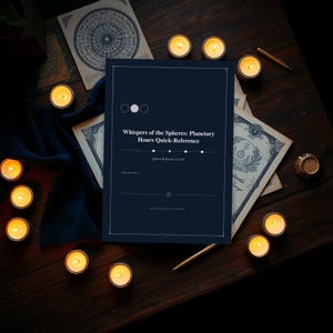 May include: A dark blue quick reference card titled "Whispers of the Spheres: Planetary Hours Quick-Reference" with white text and a minimalist design. The card is surrounded by lit candles, vintage maps, and a pen on a dark wooden surface.