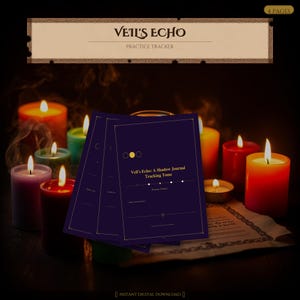 Könnte beinhalten: Dunkelblaue Journale mit goldenen Akzenten, betitelt mit "Veil's Echo: A Shadow Journal Tracking Tome", liegen vor brennenden Kerzen in verschiedenen Farben. Der Text "Practice Tracker" und "Instant Digital Download" ist ebenfalls enthalten.